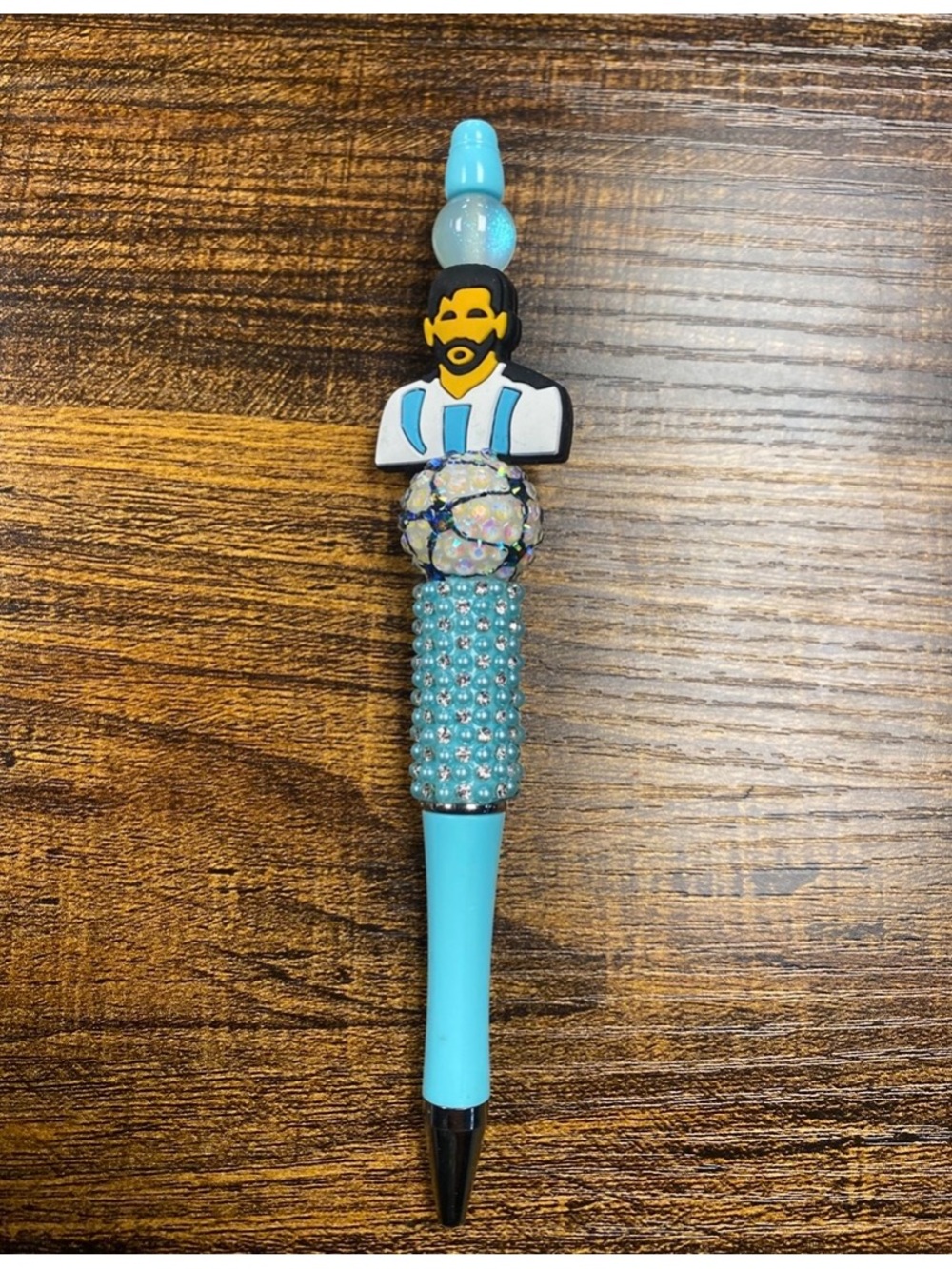 Soccer Turquoise Beaded Decorative Ballpoint Pen with Character Accent